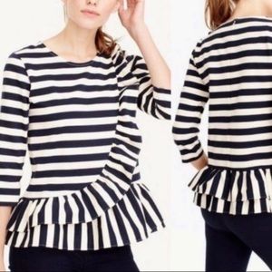 J Crew Blue Stripe Shirt Asymmetrical Ruffle Peplum Cream Blouse